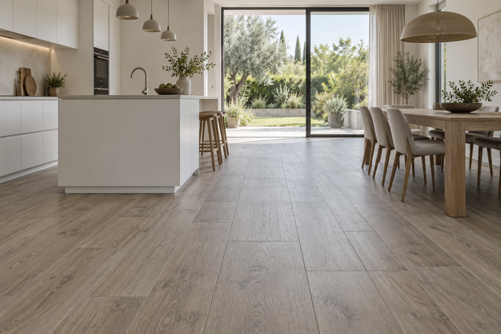 Cucina e zona pranzo con pavimento in gres effetto legno grigio-marrone