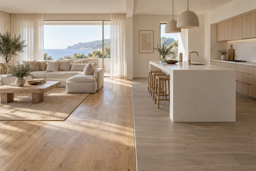 Open space con parquet in rovere nella zona living e gres effetto legno nella cucina, uniti da una soglia
