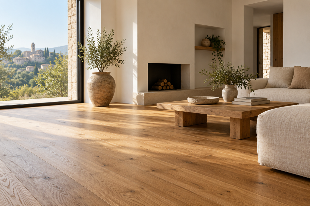 Soggiorno luminoso con parquet in rovere naturale e una grande finestra